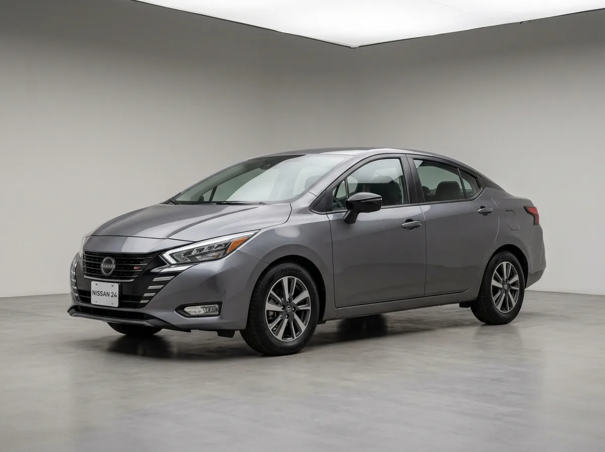 Compact sedan, gray, Nissan Versa or similar, neutral studio background, three-quarter front view