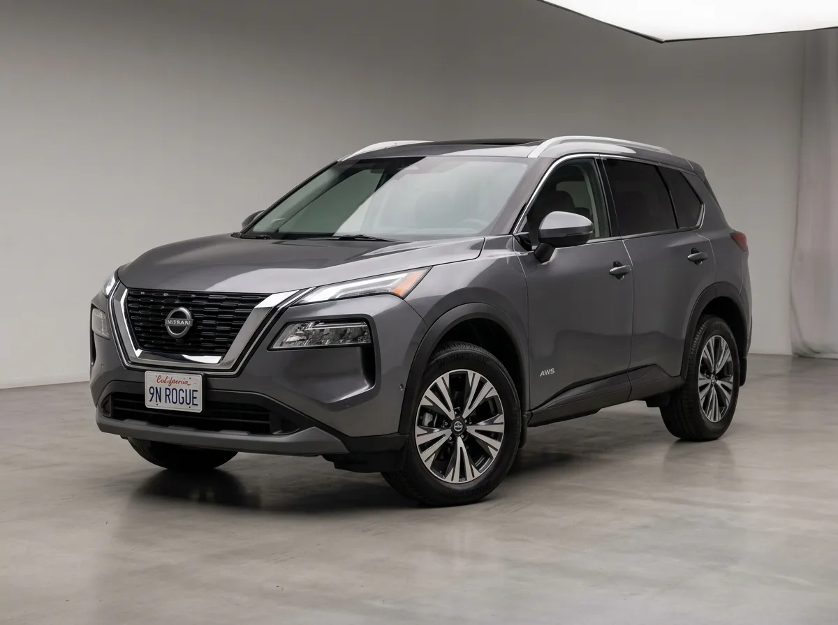 Compact SUV, dark gray, Nissan Rogue or similar, professional studio shot, three-quarter front angle