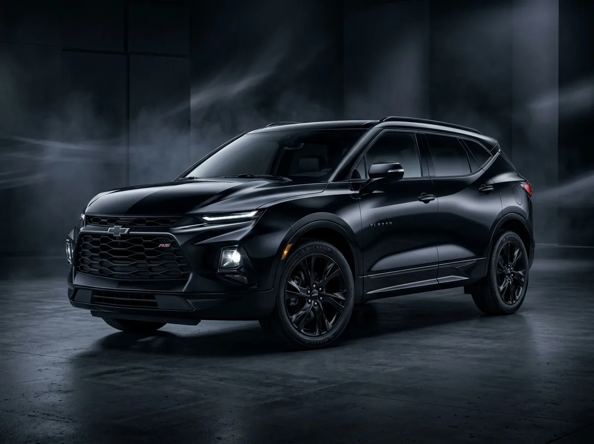 Premium SUV, deep black, Chevrolet Blazer or similar, dramatic three-quarter studio shot against dark dramatic backdrop