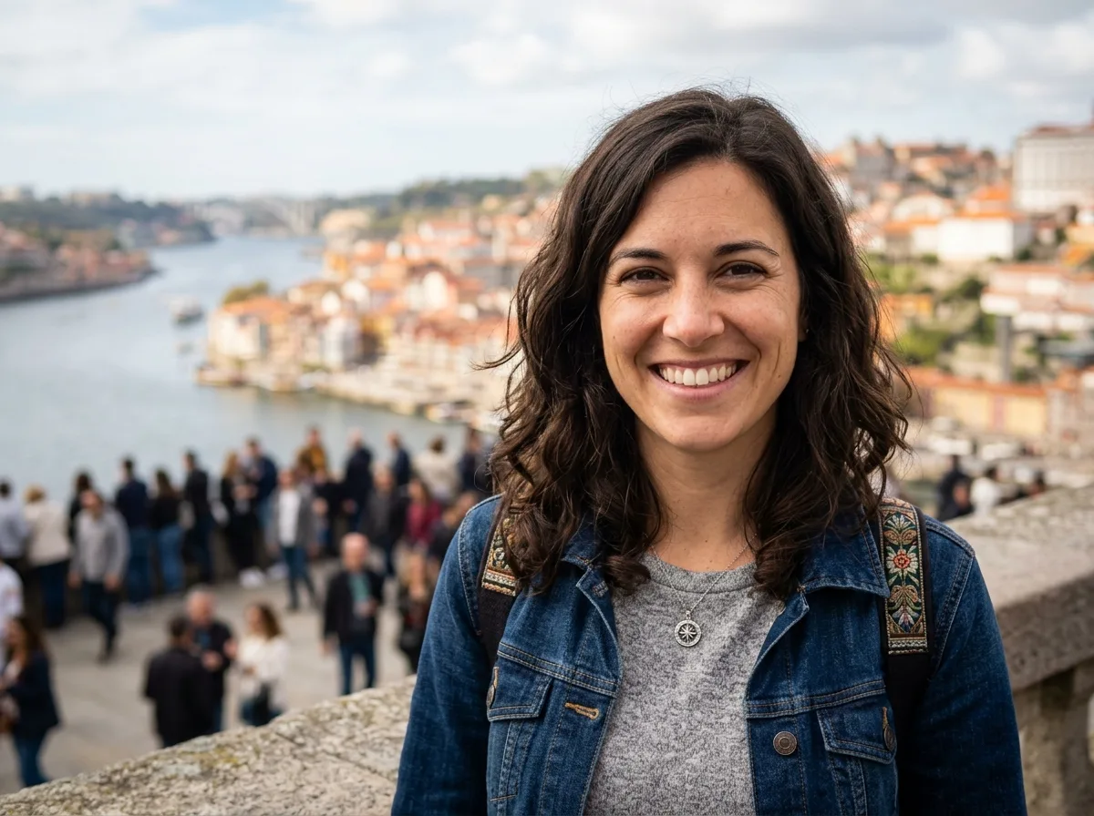 Traveler avatar, woman with shoulder-length dark hair smiling, casual portrait headshot