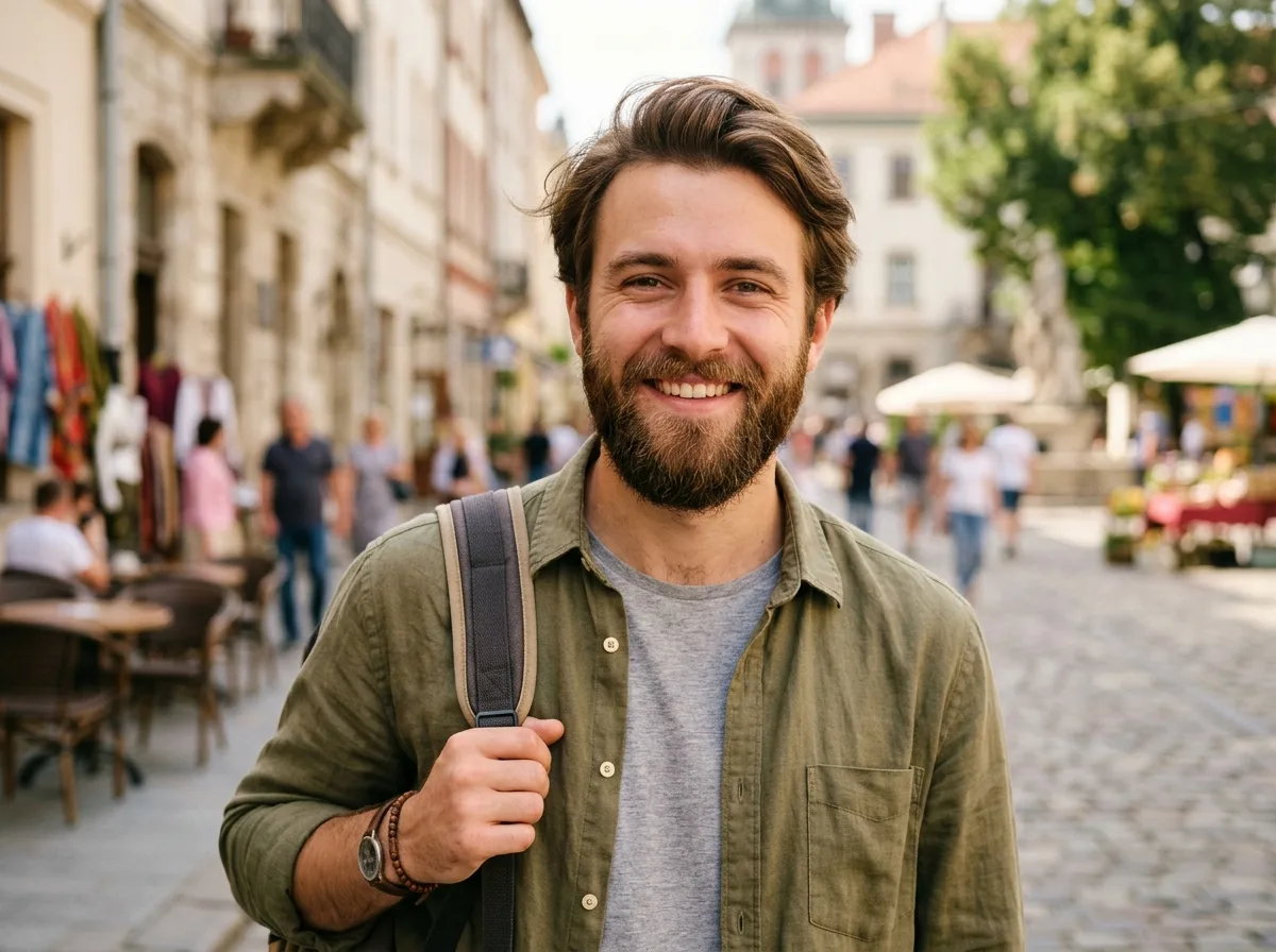 Traveler avatar, young man with beard in casual shirt, friendly headshot portrait
