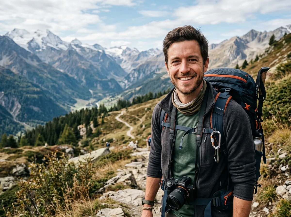 Traveler avatar, man in his 30s with short hair, smiling outdoor portrait